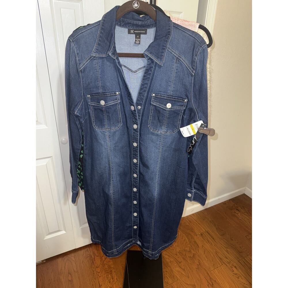 INC International Concepts Denim Shirt Dress Blue Collared Long Sleeve Size 14